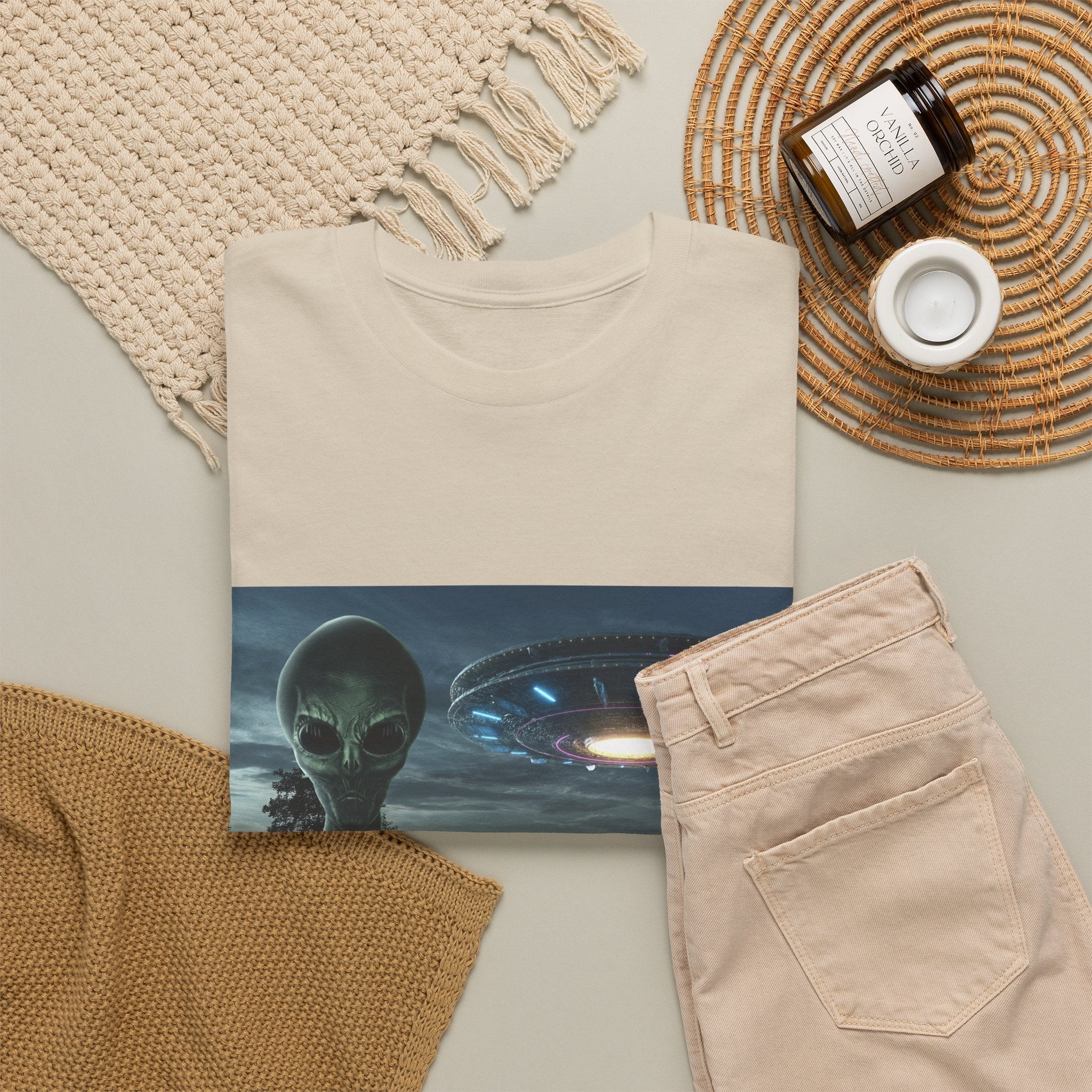 Alien UFO Graphic Tee — "We Were Never Alone" Sci‑Fi T‑Shirt - Erudition Designs