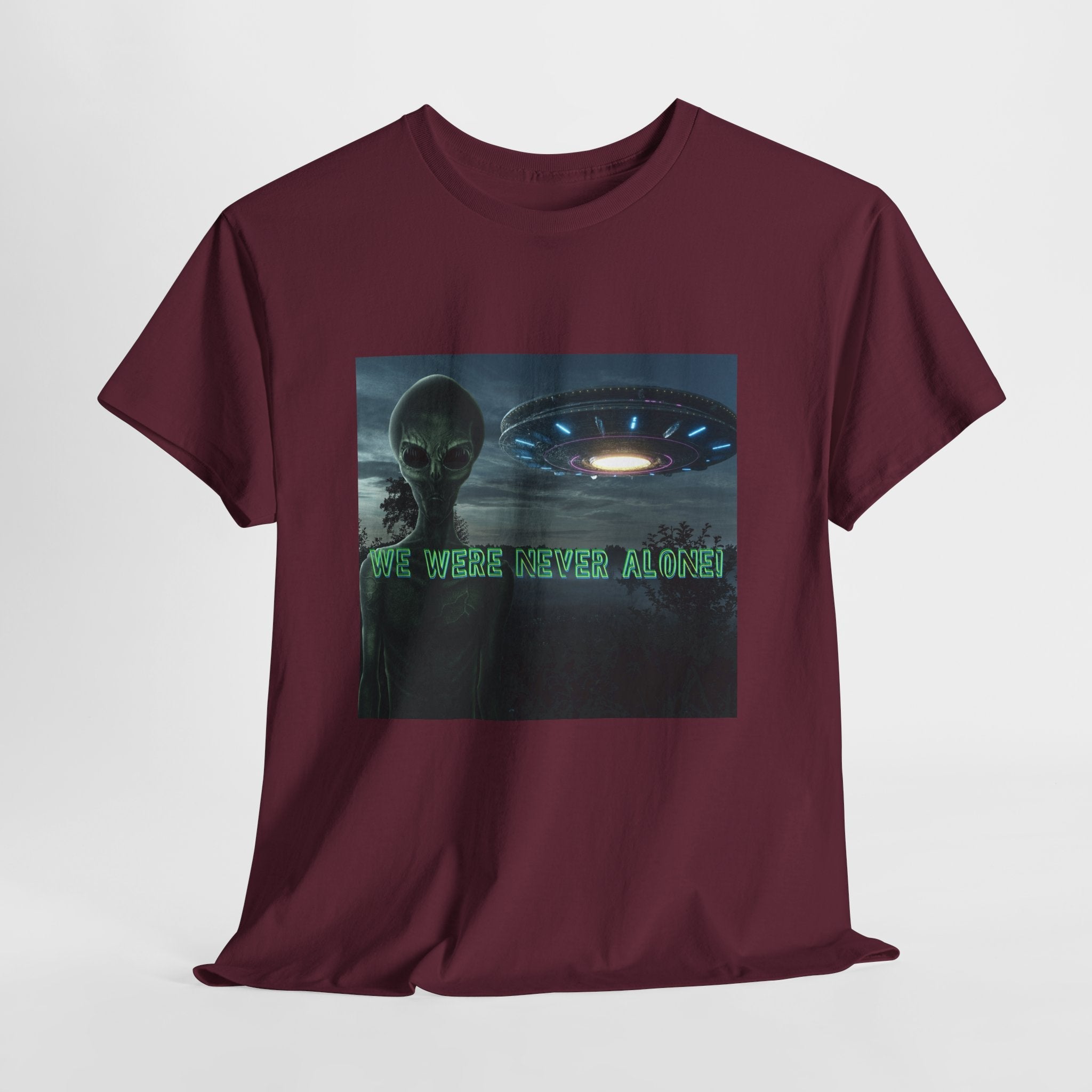 Alien UFO Graphic Tee — "We Were Never Alone" Sci‑Fi T‑Shirt - Erudition Designs