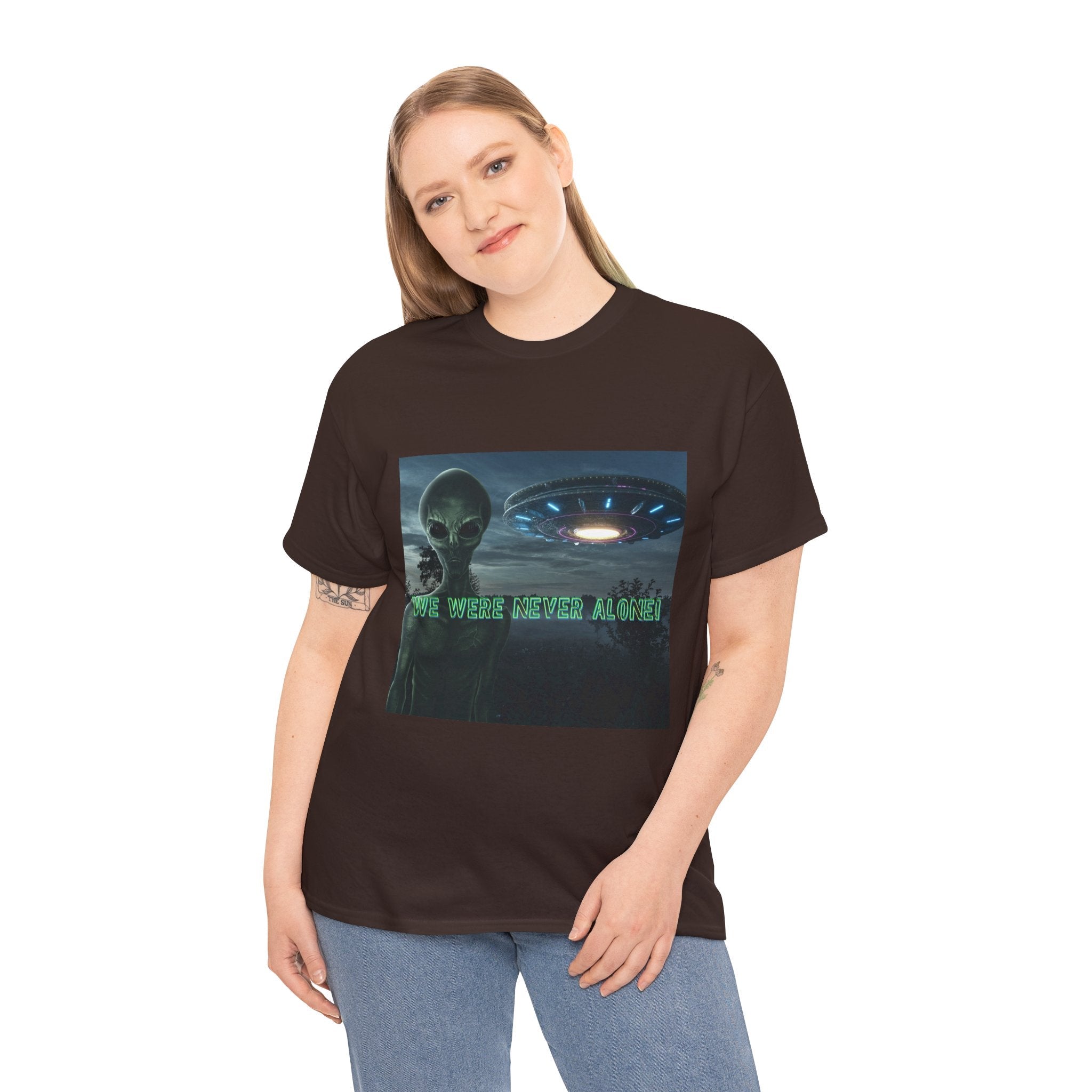 Alien UFO Graphic Tee — "We Were Never Alone" Sci‑Fi T‑Shirt - Erudition Designs