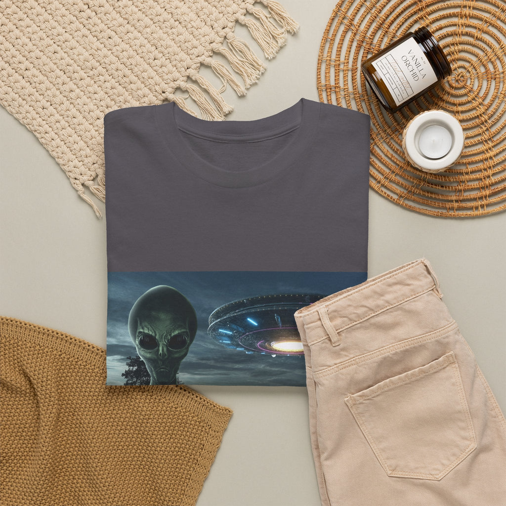 Alien UFO Graphic Tee — "We Were Never Alone" Sci‑Fi T‑Shirt - Erudition Designs