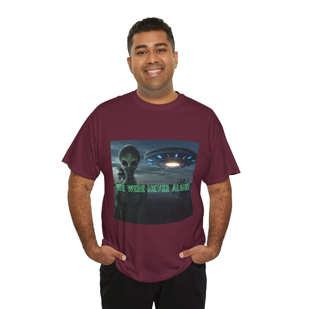 Alien UFO Graphic Tee — "We Were Never Alone" Sci‑Fi T‑Shirt - Erudition Designs
