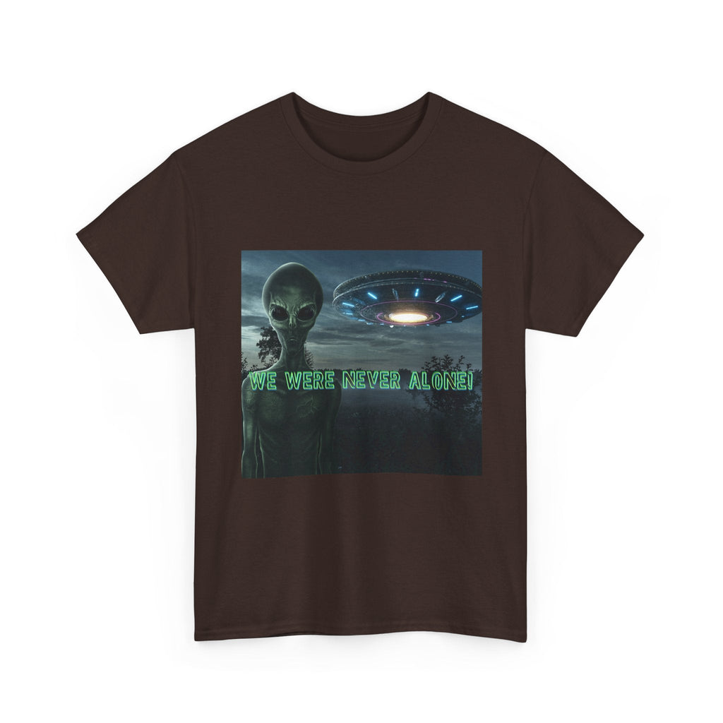 Alien UFO Graphic Tee — "We Were Never Alone" Sci‑Fi T‑Shirt - Erudition Designs