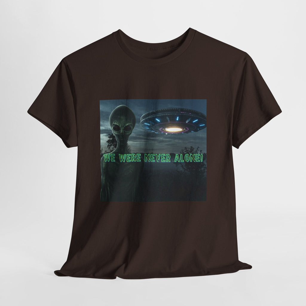 Alien UFO Graphic Tee — "We Were Never Alone" Sci‑Fi T‑Shirt - Erudition Designs