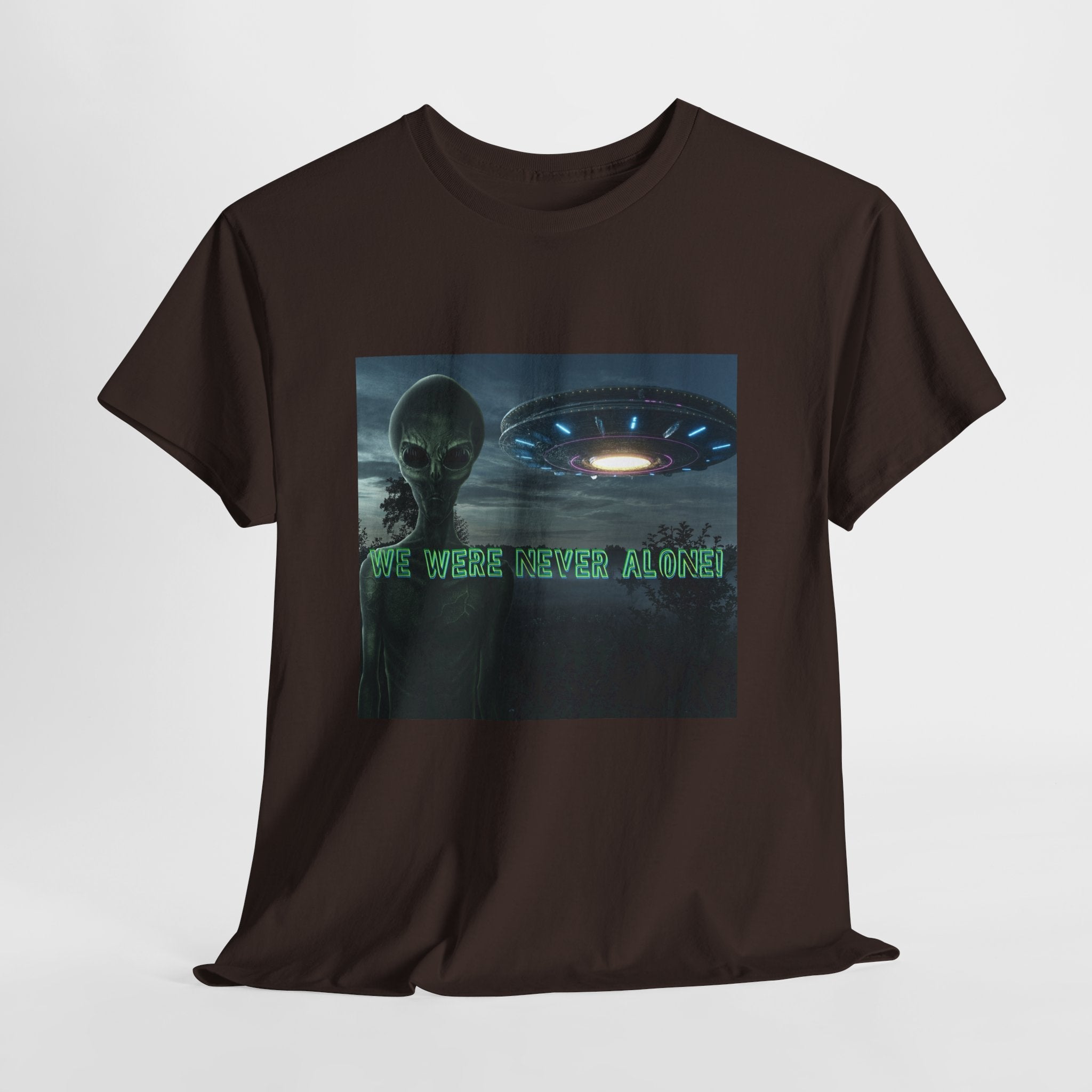 Alien UFO Graphic Tee — "We Were Never Alone" Sci‑Fi T‑Shirt - Erudition Designs
