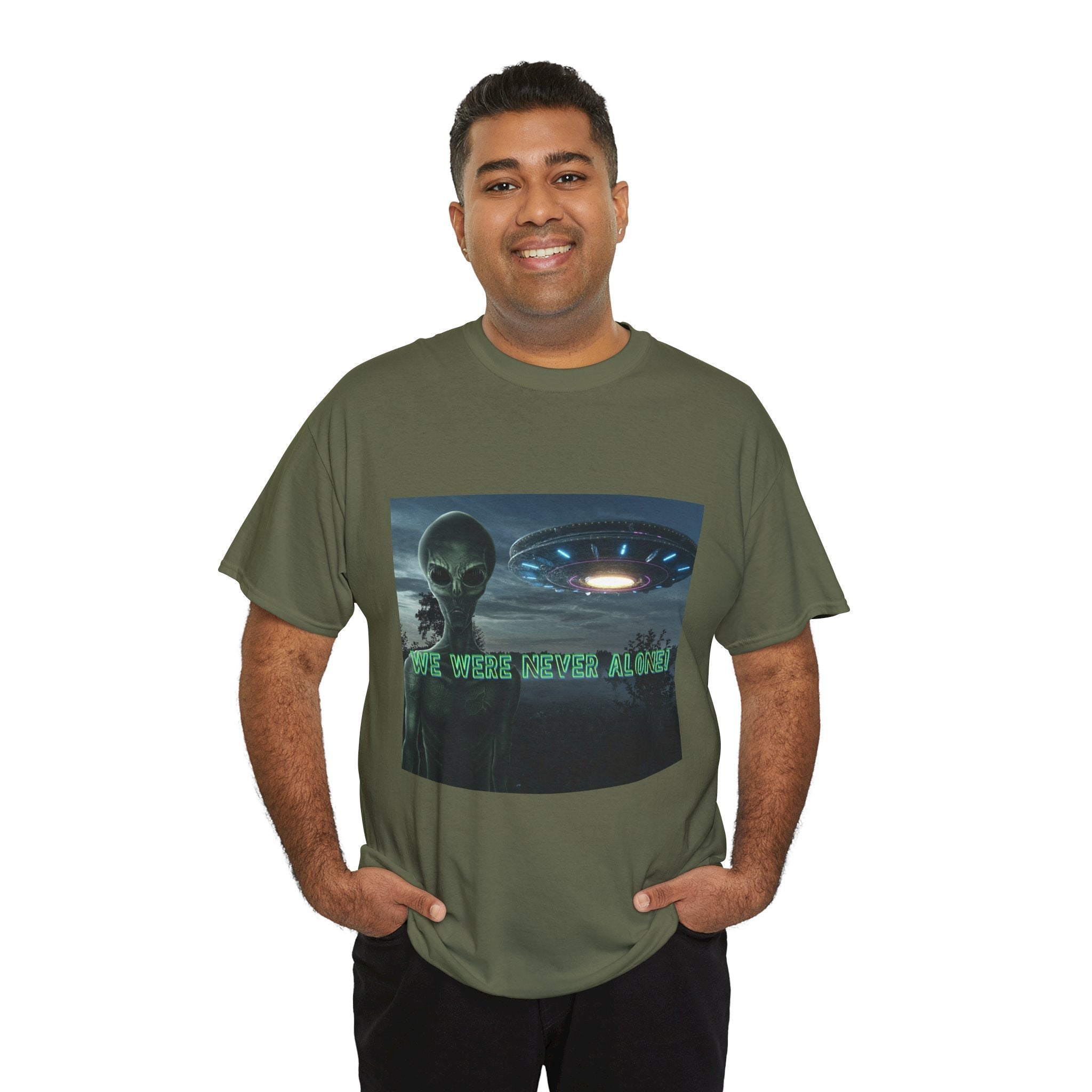 Alien UFO Graphic Tee — "We Were Never Alone" Sci‑Fi T‑Shirt - Erudition Designs