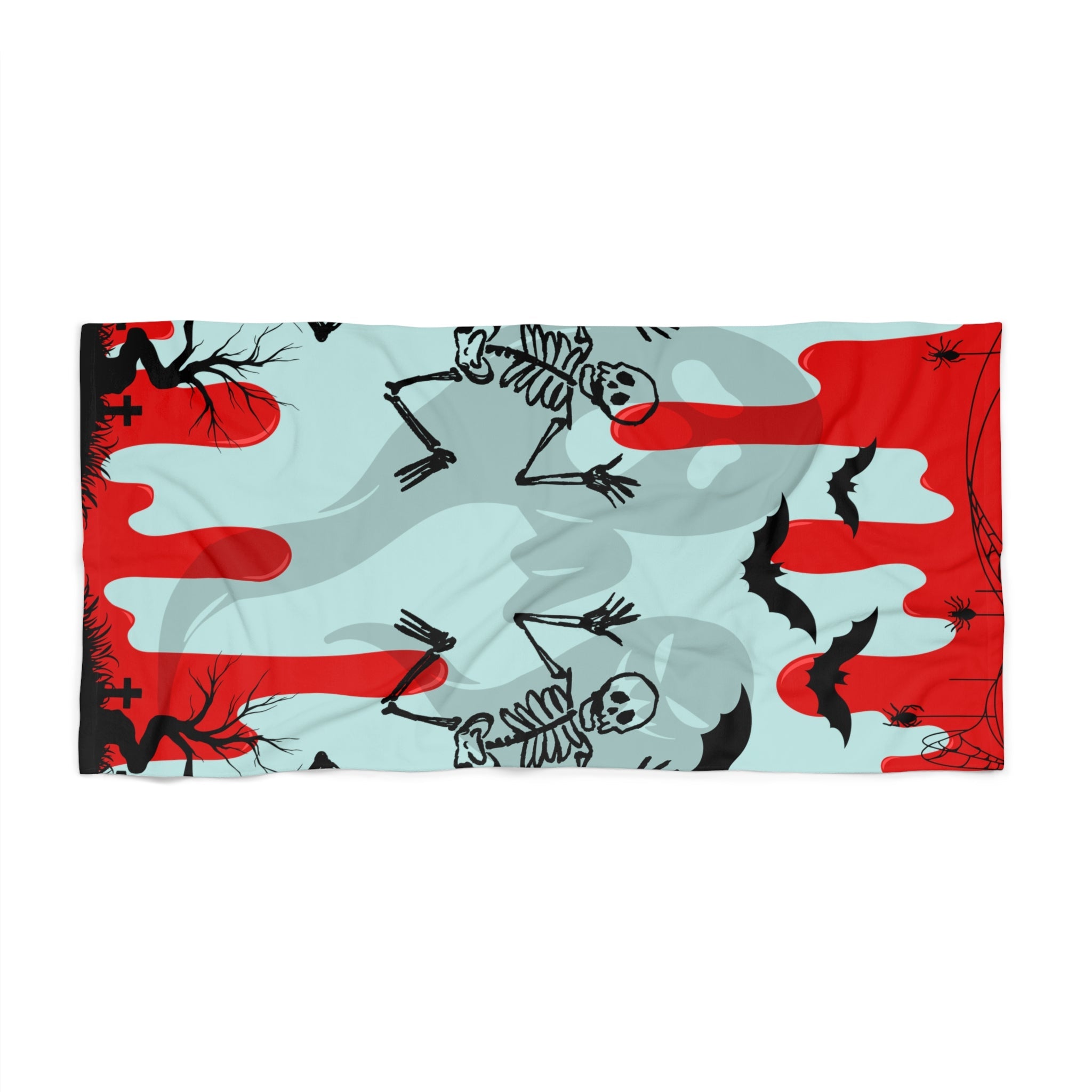 Beach Towel — Spooky Skeleton & Bats Halloween Design (Red Drip) - Erudition Designs