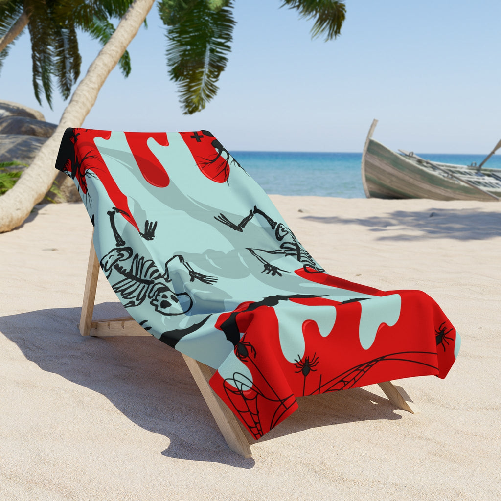 Beach Towel — Spooky Skeleton & Bats Halloween Design (Red Drip) - Erudition Designs