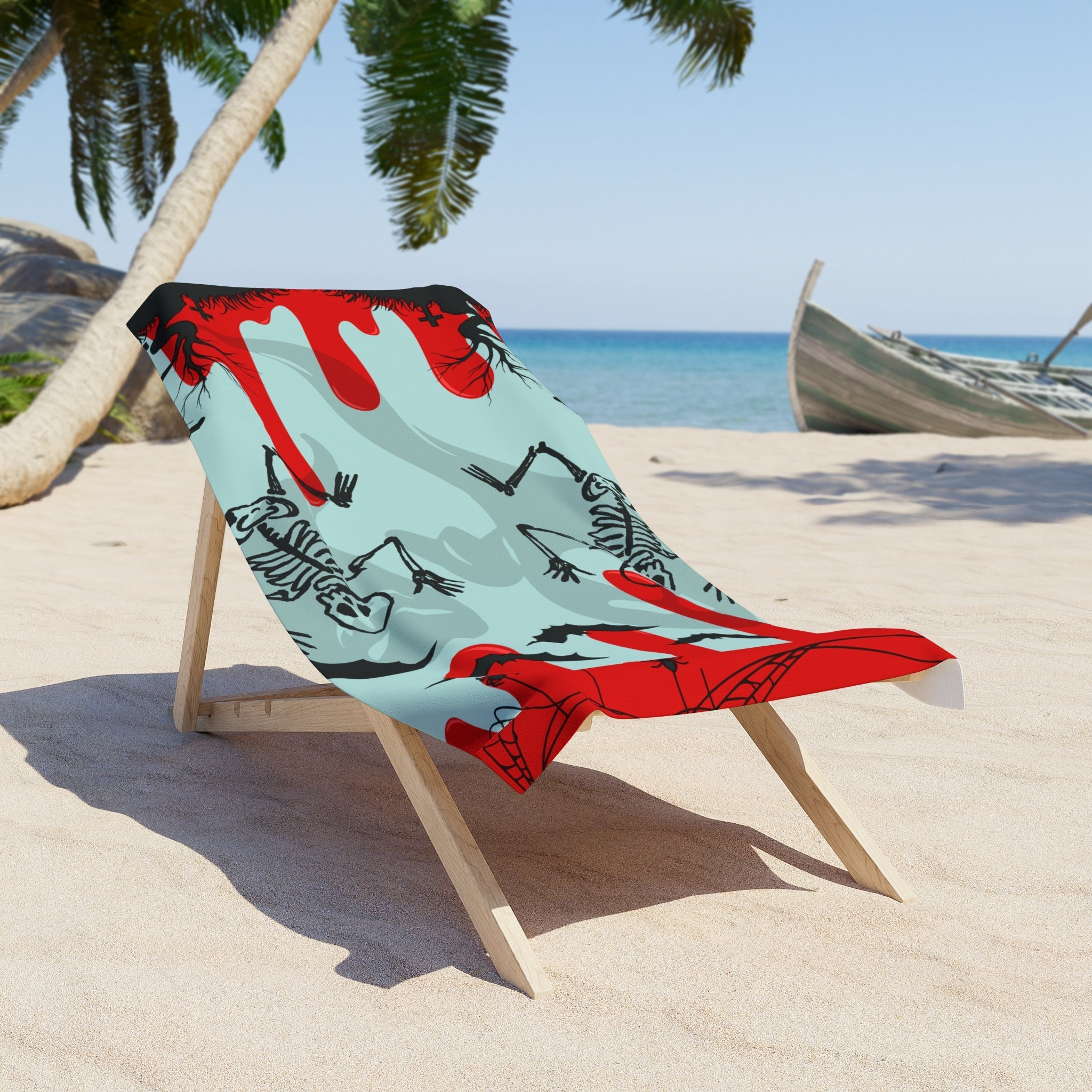 Beach Towel — Spooky Skeleton & Bats Halloween Design (Red Drip) - Erudition Designs