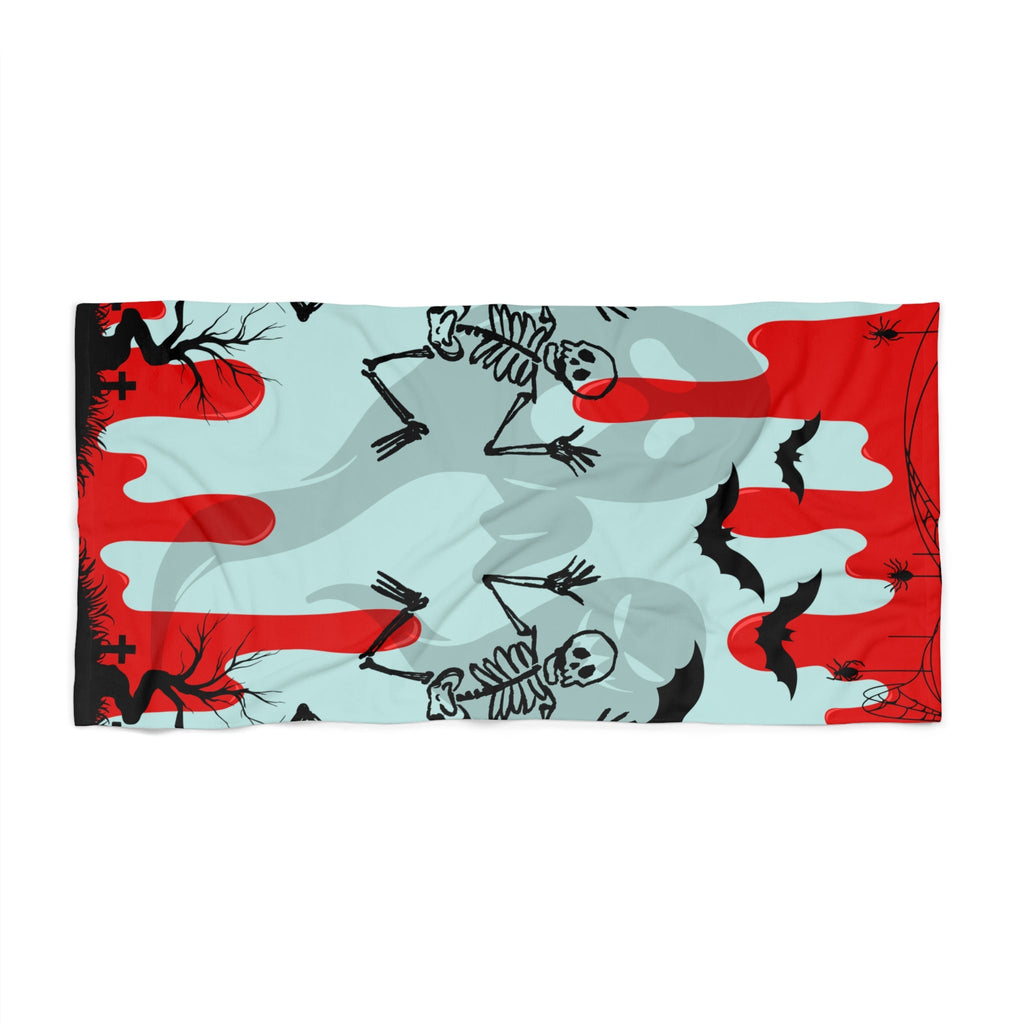 Beach Towel — Spooky Skeleton & Bats Halloween Design (Red Drip) - Erudition Designs