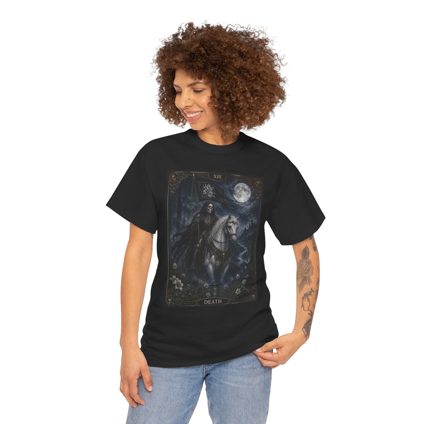 Death Tarot Card T-Shirt — Gothic Moonlit Horseman Tee - T-Shirt - Printify
