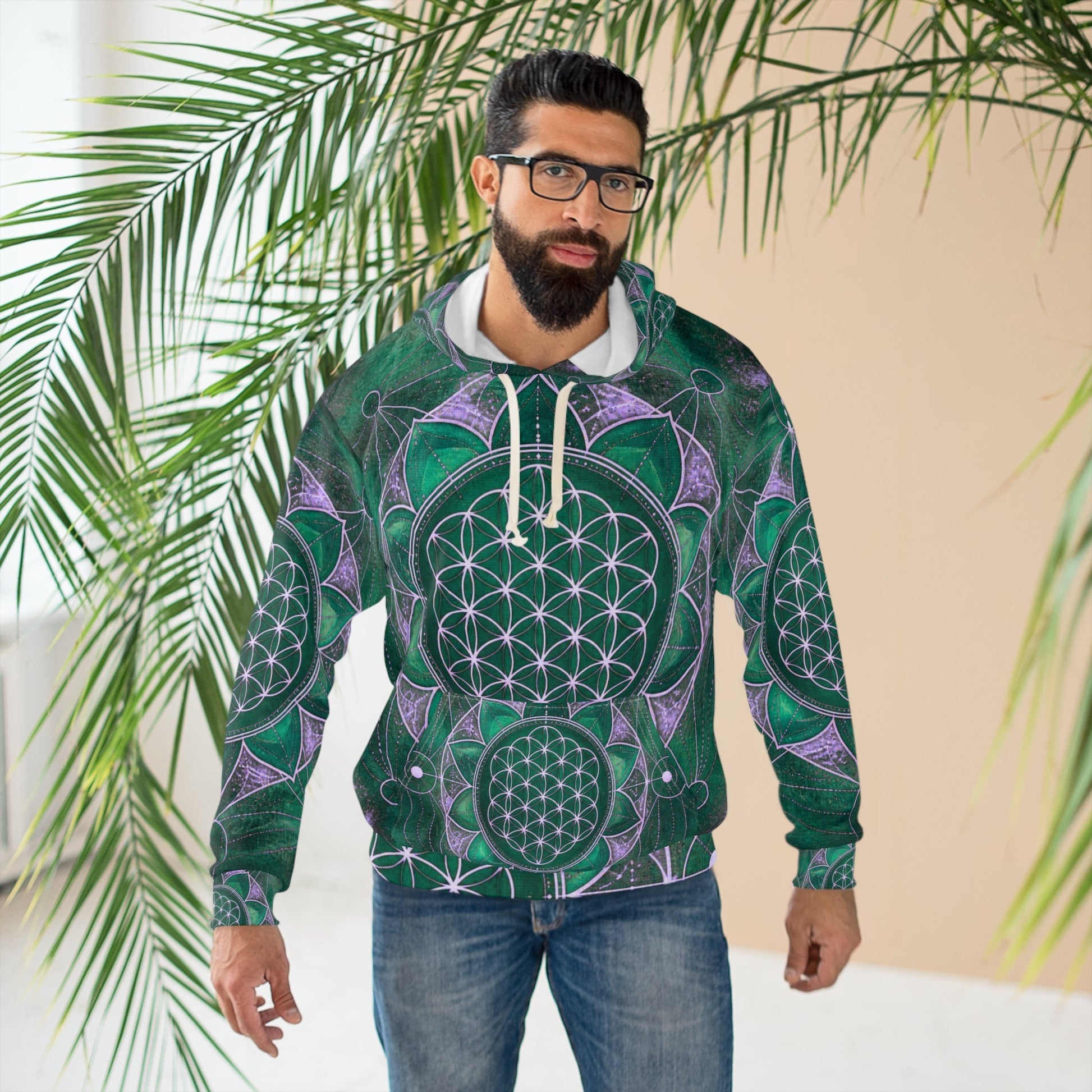 Flower of Life Green Mandala Hoodie – Sacred Geometry All-Over Print Pullover - All Over Prints - Printify