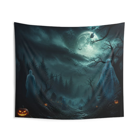 Ghostly Night Wall Tapestry — Spooky Halloween Moonlit Forest Scene - Home Decor - Printify