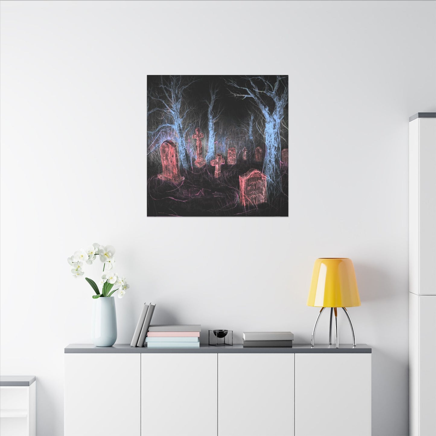 Haunted Graveyard Canvas Art — Neon Cemetery Wall Decor - Canvas - Printify