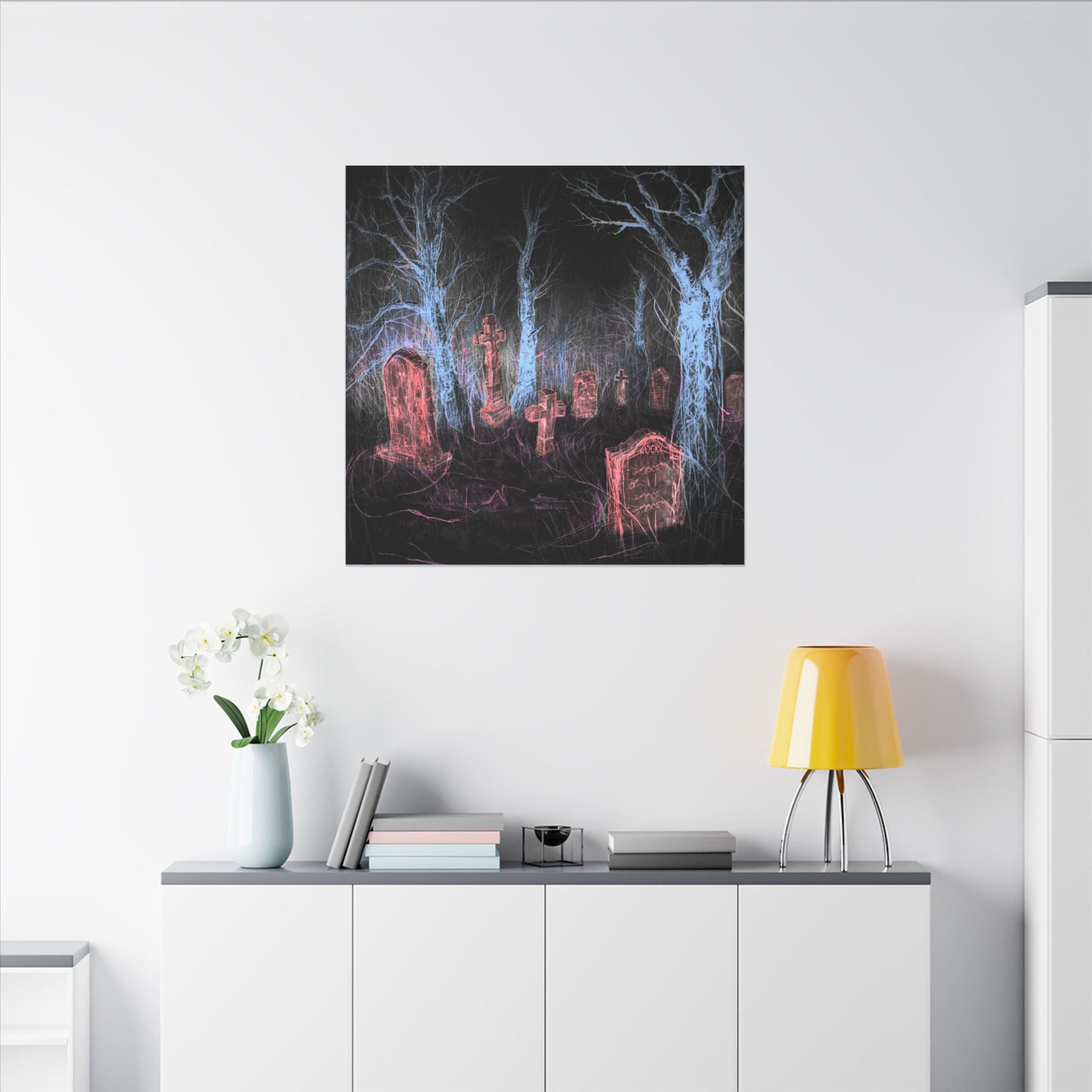 Haunted Graveyard Canvas Art — Neon Cemetery Wall Decor - Canvas - Printify