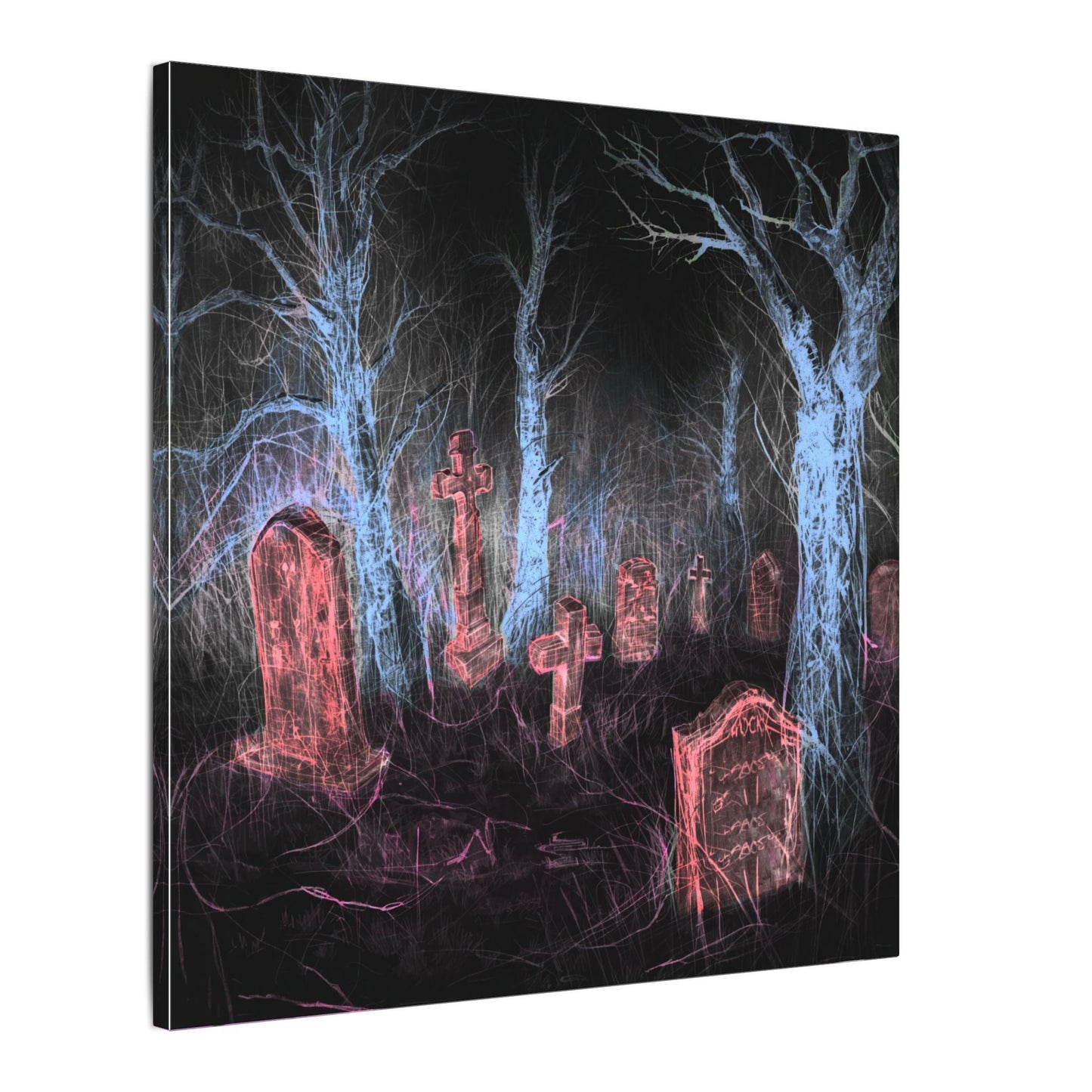 Haunted Graveyard Canvas Art — Neon Cemetery Wall Decor - Canvas - Printify
