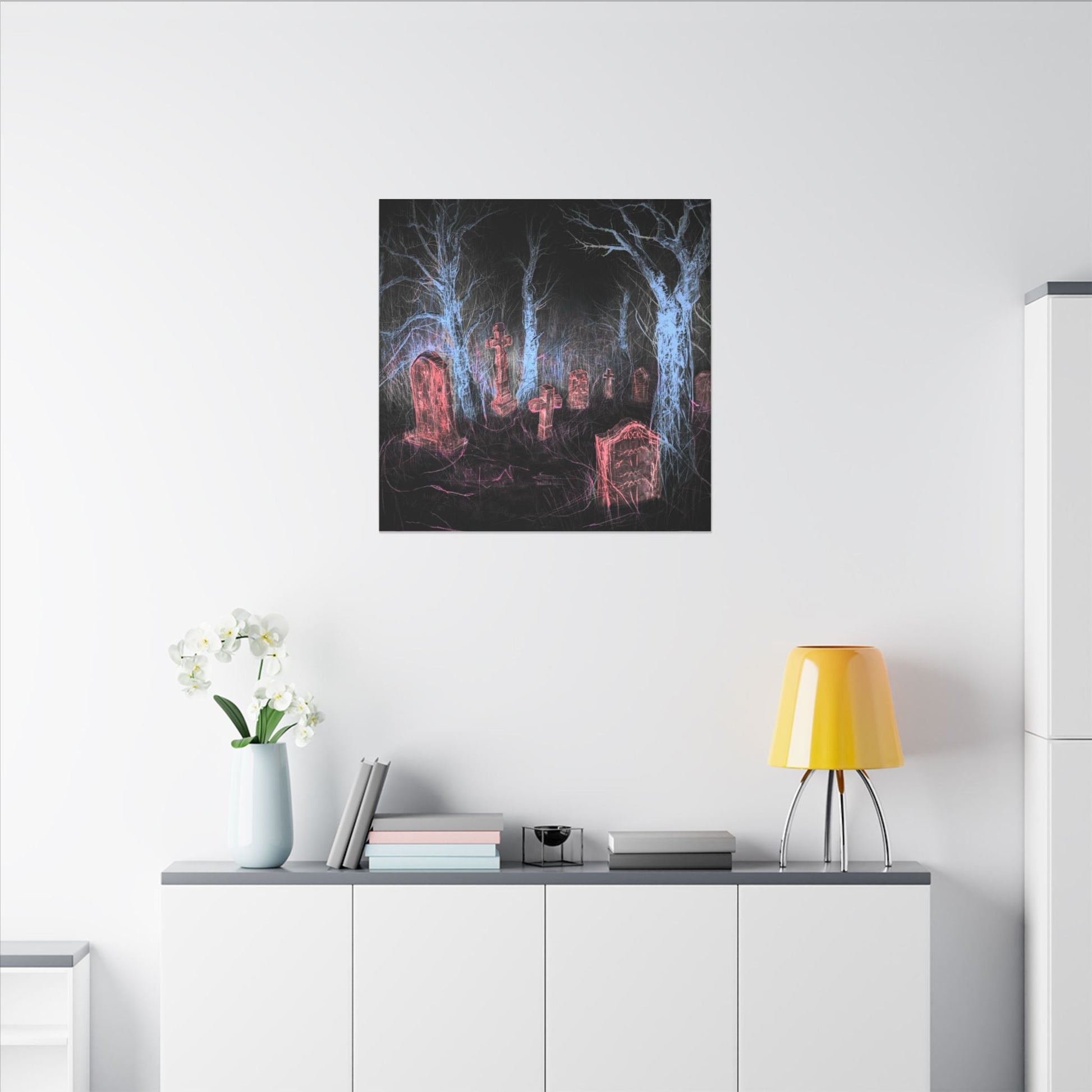 Haunted Graveyard Canvas Art — Neon Cemetery Wall Decor - Canvas - Printify