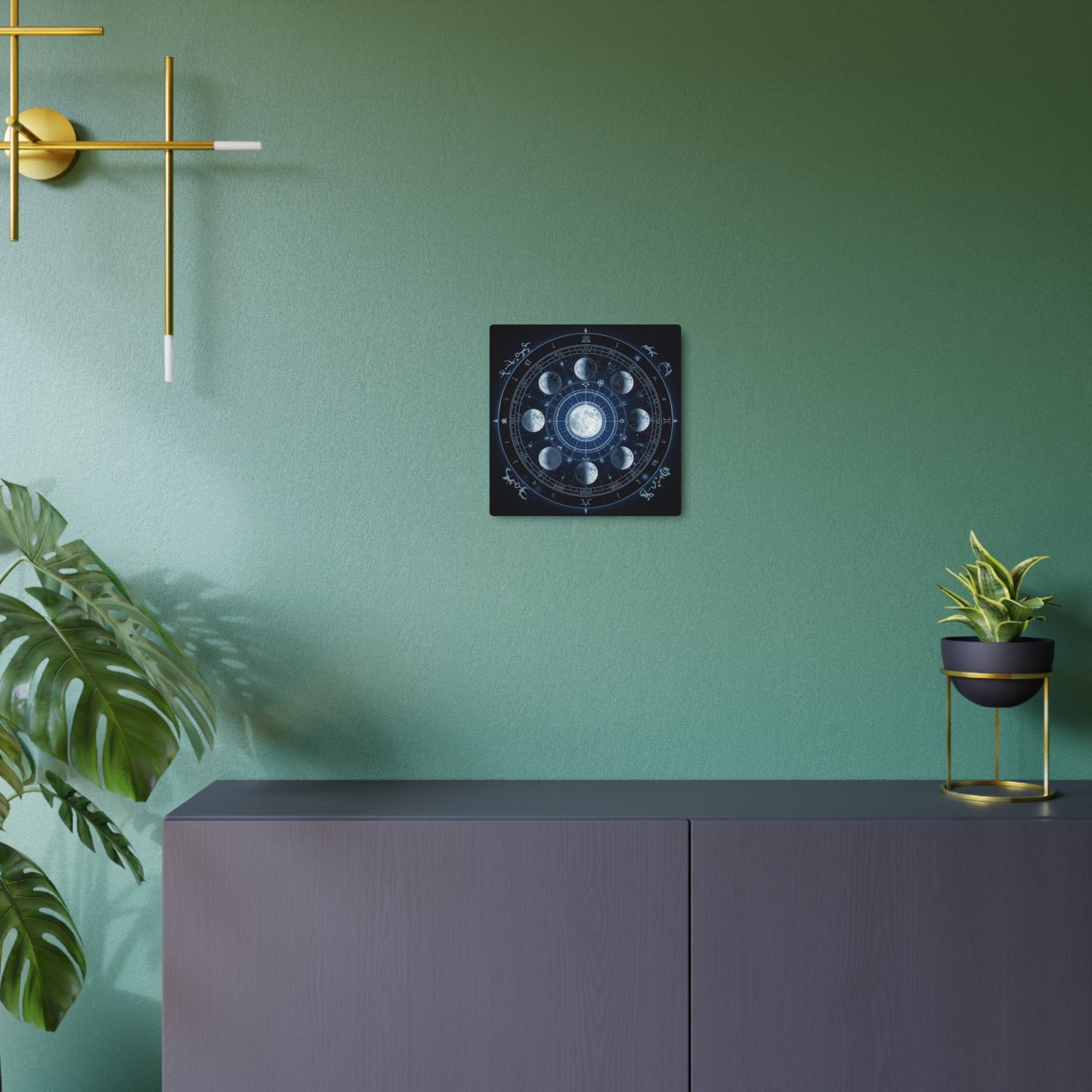 Moon Phase Metal Art Sign — Lunar Cycle Wall Decor with Zodiac Motifs - Erudition Designs