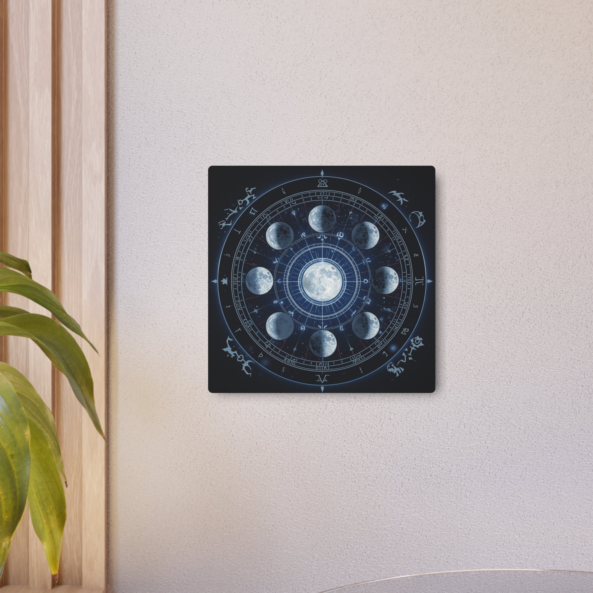 Moon Phase Metal Art Sign — Lunar Cycle Wall Decor with Zodiac Motifs - Erudition Designs