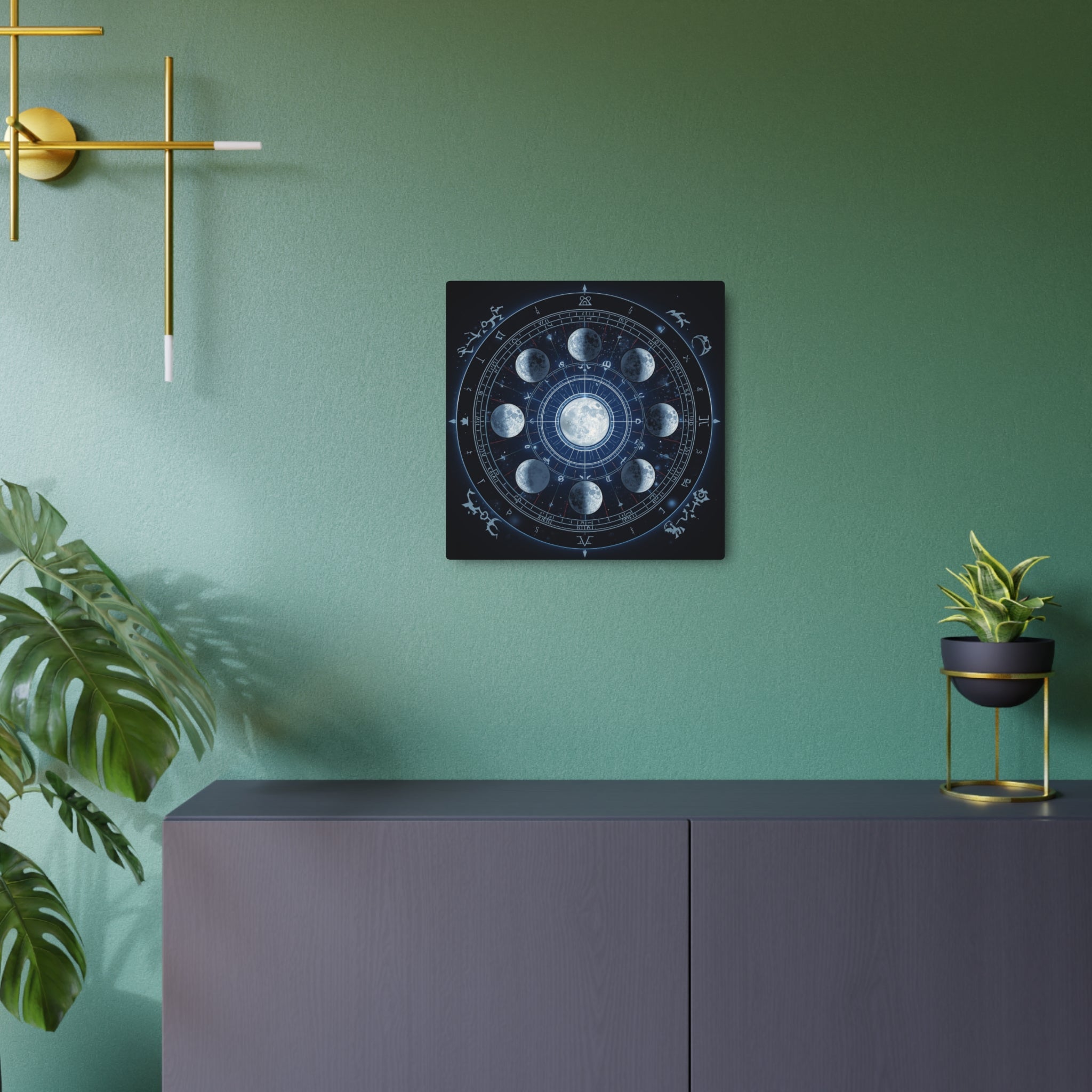 Moon Phase Metal Art Sign — Lunar Cycle Wall Decor with Zodiac Motifs - Erudition Designs