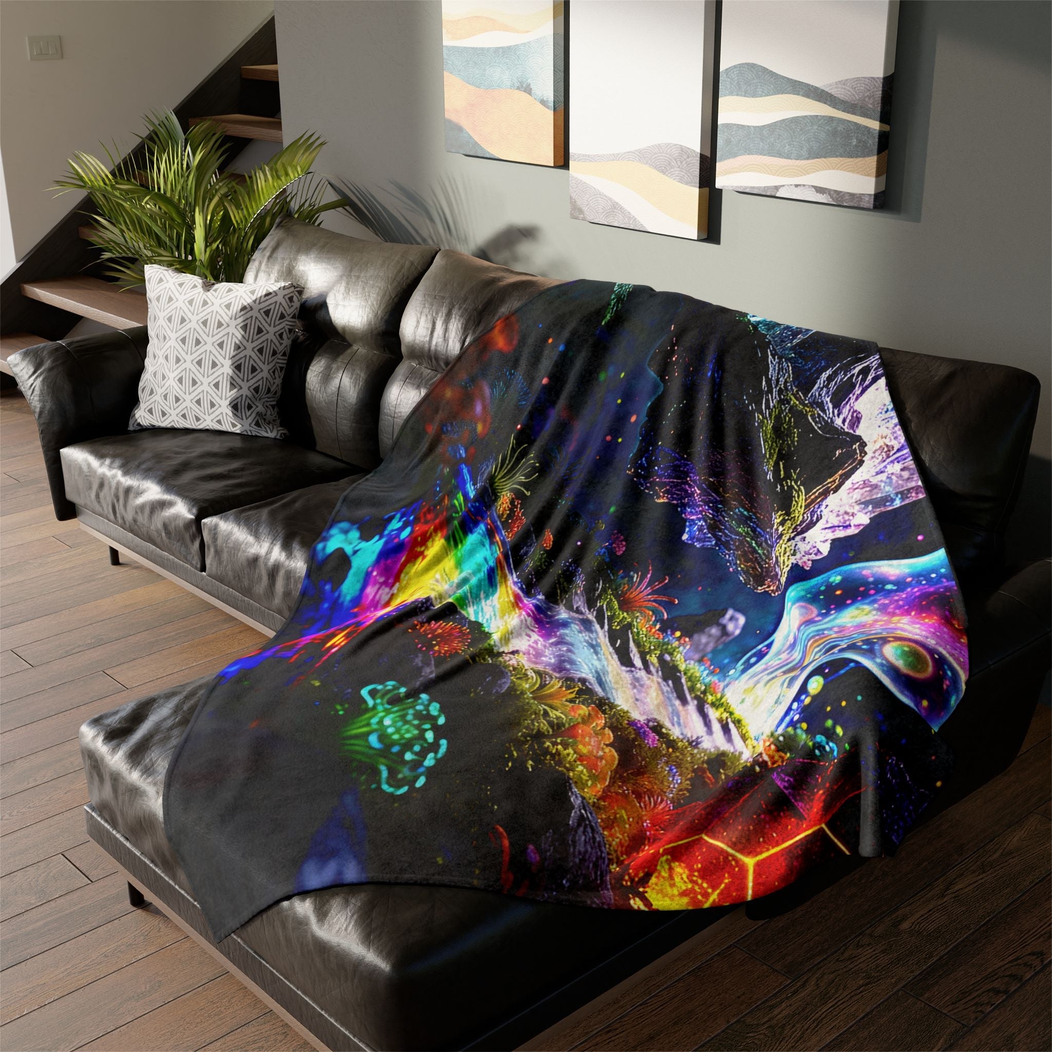 Psychedelic Rainbow River Throw Blanket — Vibrant Cosmic Landscape Soft Polyester Blanket - Erudition Designs
