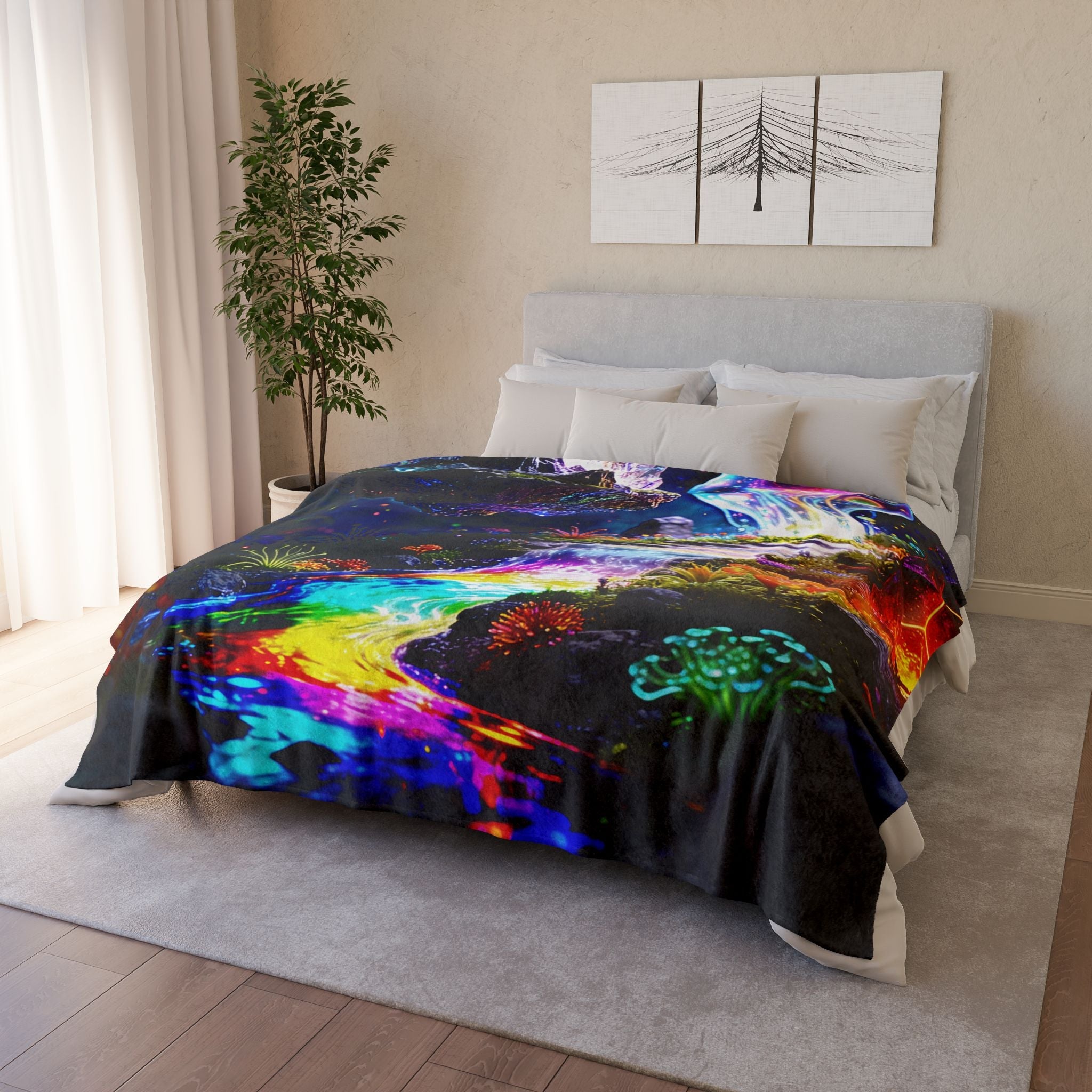 Psychedelic Rainbow River Throw Blanket — Vibrant Cosmic Landscape Soft Polyester Blanket - Erudition Designs