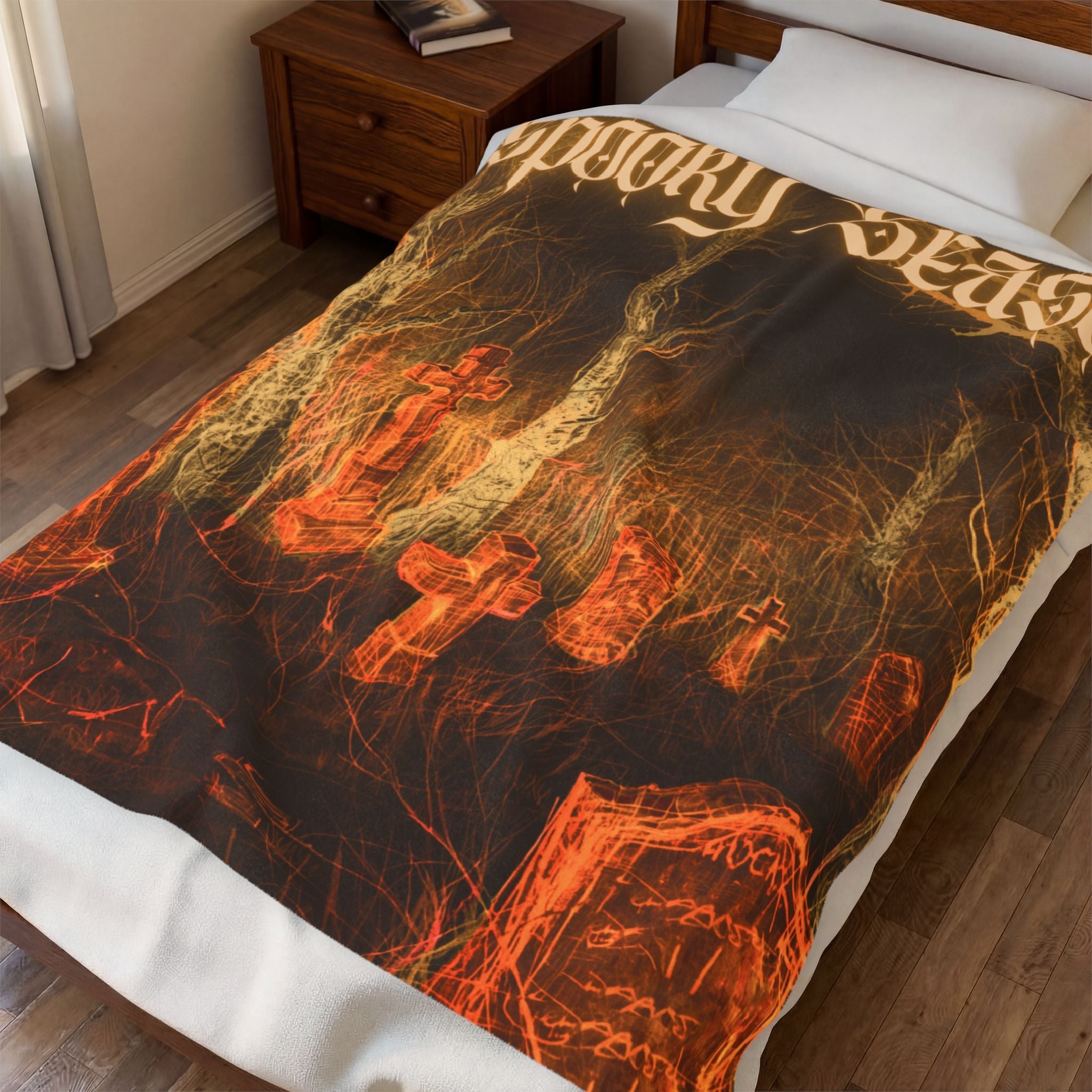 Spooky Season Graveyard Scene Velveteen Plush Blanket | Halloween Cemetery Design - Erudition Designs